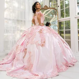 Pink Embroidery Quinceanera Dresses Party Elegant of the Counter Evening Prom Dress for Women Satin Chopique Lace Beads Ball Down