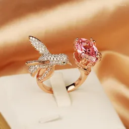 Cluster Rings 2023 Creative Asymmetrical Pink Bird Oval Full Diamond Par Ring For Women Zircon Valentine's Day Gift Jewelry