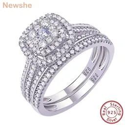 Anel de solitário, ela 2pcs anéis de casamento para mulheres sólidas 925 STERLING Silver Noivage Ring Bridal Conjunto 1,6Ct Halo Round Cut AAAAA Zircon 230426