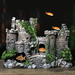 Dekorationer Fish Tank Accessories Antika konstgjorda Castle Moss Aquarium Accessories Ancient Rock Harts Hiding Cave Aquarium Decoration