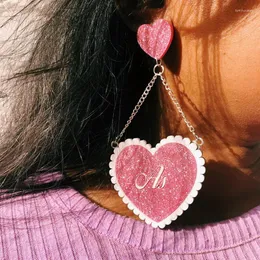Kolczyki Dangle Shinning Glitter Heart Acryl For Women Wiselant Oświadczenie długa Łańcuch Pink Red Drop Bijoux Biżuteria