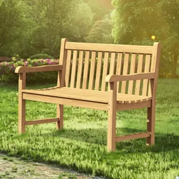 Two Person Outdoor Garden Bench, Weatherproof Teak Wooden Patio Bench Seat with Curved Back and Armrest