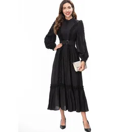 Runway-Kleider für Damen, Stehkragen, lange Ärmel, gestreift, Rüschen, elegante Modedesigner-Vestidos