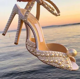 London Brands Sacora Sandals Shoes For Bidal Wedding High Heels White Pearls Leather Ankle Strap Peep Toe Elegant Lady Pumps EU355828900