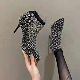 Ankle 103 Ladies Women's Sexy Modern Boots Rhinestone Slip-on Pointed Toe Thin Heel Mesh Shoes Women 231124