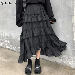 Elbiseler qiukichonson midi uzun etekler kadın maxi etek goth lolita yaz yüksek bel asimetrik yüksek dantelli fırfır etekler rok