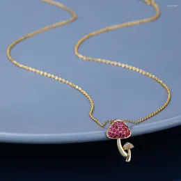 Chains Fashion Simple Vintage Sparkling Pink Zirconia Mushroom Pendant Necklace For Women