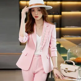 Garnitury damskie Blazers Autumn Winter Women Business Suits z spodniami i kurtkami płaszcz żeńskie profesjonalne spodnie ustawione spodnie eleganckie różowe 230426