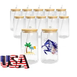 US Warehouse 16oz Sublimation Glasses Mugs with Bamboo Lids and Straw Tumblers DIY Blanks Cans Heat Transfer Cocktail Iced Cups Mason Jars