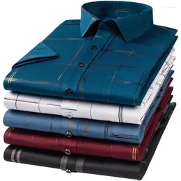 Camisas casuais masculinas estampando listra estiramento manga curta cor sólida camisa masculina moda negócios sem ferro profissional roupas masculinas