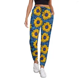 Women's Pants Sunflower Print Blue Leaf Korean Fashion Sweatpants Spring Ladies Modern Custom Oversize Trousers Birthday Present