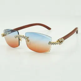 Novos óculos de sol de diamante grandes de 5,0 mm vendidos de fábrica 3524015 com pernas de madeira originais naturais e lentes cortadas tamanhos 18-140 mm