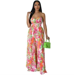 Kvinnors jumpsuits Rompers Rompers Jumpsuit Wrapped Chest Sexy African Women's Fashion Print High midja Öppen rygg Löst breda fötter Jumpsuit Summer S-XL 230426