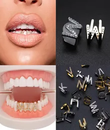 Guld vitguld isad AZ Custom Letter Grillz Full Diamond Teeth Diy Fang Grills Bottom Tooth Cap Hip Hop Dental Mouth Teethtet1922339