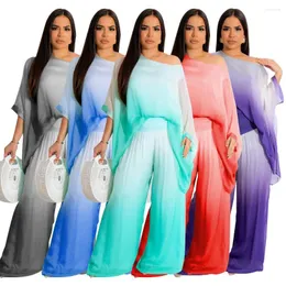 Kadın İki Parça Pantolon Yaz 2023 Yarım Kollu Şifon Degrade Renk Batik Omuz Çantası Rahat Gevşek Ve Rahat İki Parça Takım Elbise