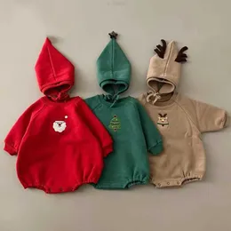 Clothing Sets Korean Version of Ins Baby Christmas Suit Winter Jumpsuit with Plush and Thick Cartoon Long Sleeved Crawling Hat