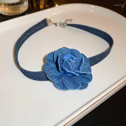 Hänge halsband vintage blå denim blomma choker halsband all-match klumpikelkedja