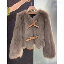 Women's Fur Winter Fashion Leather Bow Short Faux Coat For Women Imitation Mink Hair Long Sleeve Thick Jacket O Neck Warm Plush Overcoat