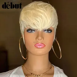 Syntetiska peruker debut 613 Honey Blonde Color Wig Short Wavy Bob Pixie Cut Full Machine Made Human Hair Wigs With Bangs for Black Women Remy 230227