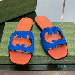 2023-Designers Cut-out Slide Sandal Slippers For Women Flat Suede Sandals House Lady Slides Summer Beach Footwear Rubber Sole Blue Orange Red Purple