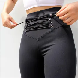 Active Pants Sexig hög midja smala tunna byxor bundna höfter ben leggings jogga fast stil tätt svart