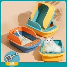 Boxes Cat Litter Box Heighten Semiopen Pet Bedpan Toilet Antisplash Cat Tray With Spoon Clean Kitty House Plastic Cat Litter Bedpan