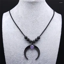 Anhänger Halsketten Gothic Black Crescent Moon Edelstahl Charm Lila Kristallperlen Halskette Schmuck Joyas Mujer N3107S06