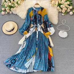 Casual Dresses Spring Autumn O-Neck Dress Woman Loose Elegant Maxi For Women Clothes Long Sleeve Printed Pleated Vestido Mujer LM