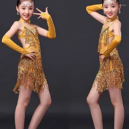 Scene Wear Dress for Kids Girls Dancewear Costumes Rose Red Gold Top With Kirt Sequin fransed Latin Practice