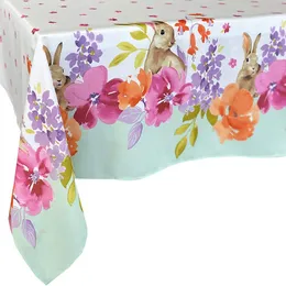 Bunny Flower Fields Oster- und Frühlings-Stoff-Tischdecke mit doppeltem Rand, 60 x 120, längliches Rechteck