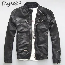 Männer Pelz Faux Tcyeek Echte Leder Jacke Männer Echte Schaf Ziege Schwarz Braun Männliche Bomber Motorrad Jacken Frühling Herbst Herren kleidung L1 231124