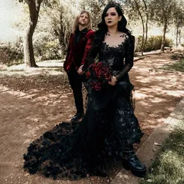 Gotik Siyah Çiçek aplikleri A-line gelinlik uzun kollu şeffaf boyun bahçe gelinlikleri dantel tül vintage vestido de novia 2023