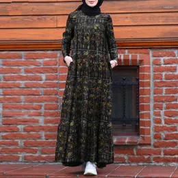 Etniska kläder oten Ramadan Eid kvinnors muslimska mantel Dubai tryck bomullslinne lätt andas arabisk kalkon rund hals islamisk