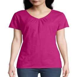 Camiseta feminina com decote em V franzido em jérsei feminino
