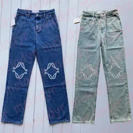 Jeans de cintura alta feminino calça jeans reta Bordado letra de bordado jeans casual respirável