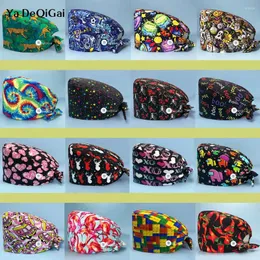 Berretti con stampa brillante Berretto in cotone regolabile Cartoon Scrubs Cappelli Cappello da lavoro da laboratorio Chirurgici Dentista Accessori infermieristici