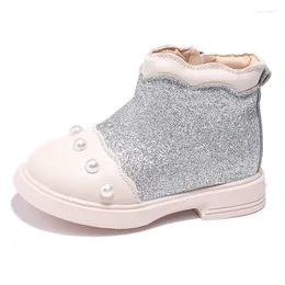 Boots Girls 'Princess Leather Autumn and Winter Children's Short Fashion Sequin Pearl Baby Plush Cotton Warm Shoes