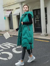 Kvinnors västar över knästil Lång bomullsjackans västkoreanska mode huva avslappnad solid midja kvinna kläder ärmlös jacka 231124