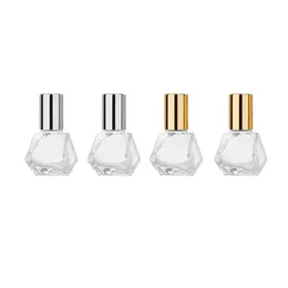 8 ml Mini Portable Polygonal Clear Glass Roller Bottle Travel Essential Oil Roll på flaska med rostfritt stål Bollguld Silver Cap APTBV