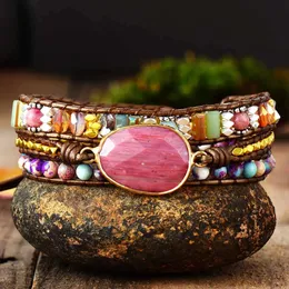 Charm Bracelets Leather Wrap Bracelet W Stones Multi Color Natural Beads Crystal Weaving Statement Art Bracelet Gifts 231124