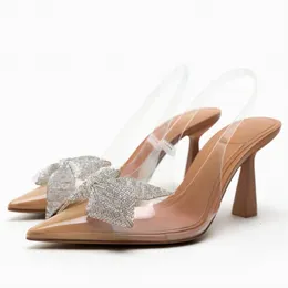 Dress Shoes TRAF Sepatu Wanita Musim Panas Berpita Berlian Imitasi dengan Tali Belakang Pump Kantor Sandal Bertumit Transparan Elegan Ujung Lancip 2023 230425