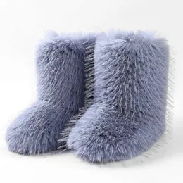 lady Winter Women Fur Boots Fluffy Furry Snow Boots Flat Soft Plush lining Mid Calf Feather Boot Fashion Warm Fuzzy Woman Shoes