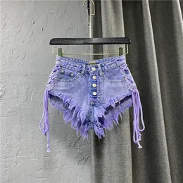 Jeans in stile europeo pantaloni caldi viola abbigliamento femminile 2022 estate nuovo sexy a bassa vita a bassa vita pantaloncini di denim singolo laceup