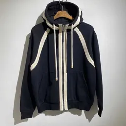 Autumnwinter New Men's White Ribbon Zipper Drawstring Hooded Loose Long Sleeved Sweater Fashion Versatile