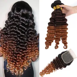 Feixes de cabelo humano solto brasileiro pré-colorido de ondas profundas com fechamento em renda não Remy Hair Weave 3 4 feixes com fechamento Ombre T1B 4 30