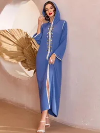 Freizeitkleider Arabische Galabiyas für Frauen Robe Femme Vintage A-Linienkleid mit Kapuze Diamant V-Ausschnitt Langarm Kaftan Abaya Ramadan Eid