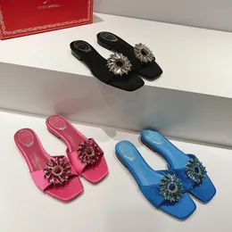 Rene Caovilla Crystal Flowers Embellished Buckle Flat Slides Slippers Mules Fashion Sandals Open Toes Designer for Women Holiday Flats and
