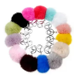 Rabbit Fur Ball Keychain 8cm Soft Lovely Gold Metal Key Chains Ball Pom Poms Plush Keychains Car Keyring Bag Rings Gift DHL