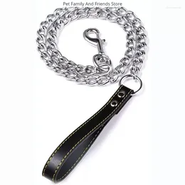 Dog Collars Chain Leash With Leather Handle Heavy Duty Chew Proof Metal For Medium Large Dogs 120cm/4FT