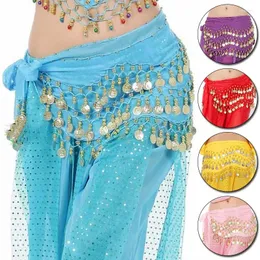 Stage Wear Sexy Women's Belly Dance Hip Scarf Wrap Belt Dancer Skirt Three-Layer Gold Color Coin Waist Chain Practice Towel
